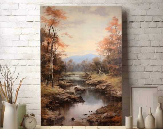 Vintage Landscape Wall Art Vintage River Art Rustic River Nature Landscape Vintage Mountain Forest Large Art