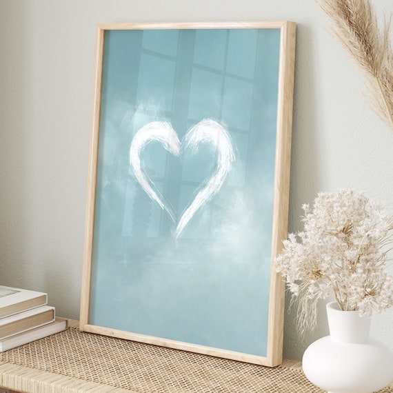 Romantic Bedroom Decor Pastel Heart Illustration Blue Wall Art Painting Relaxed Atmosphere Print Love