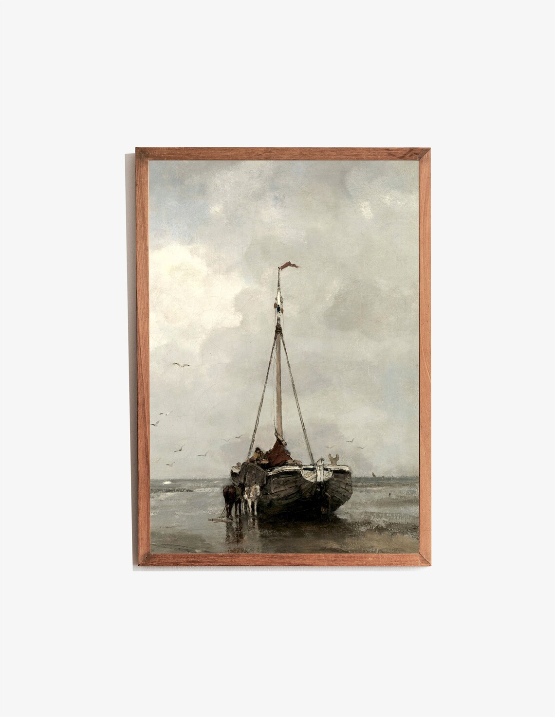 Vintage Fishing Boat Painting Shore Unloading Horses Cloudy Sea Poster - Image 3