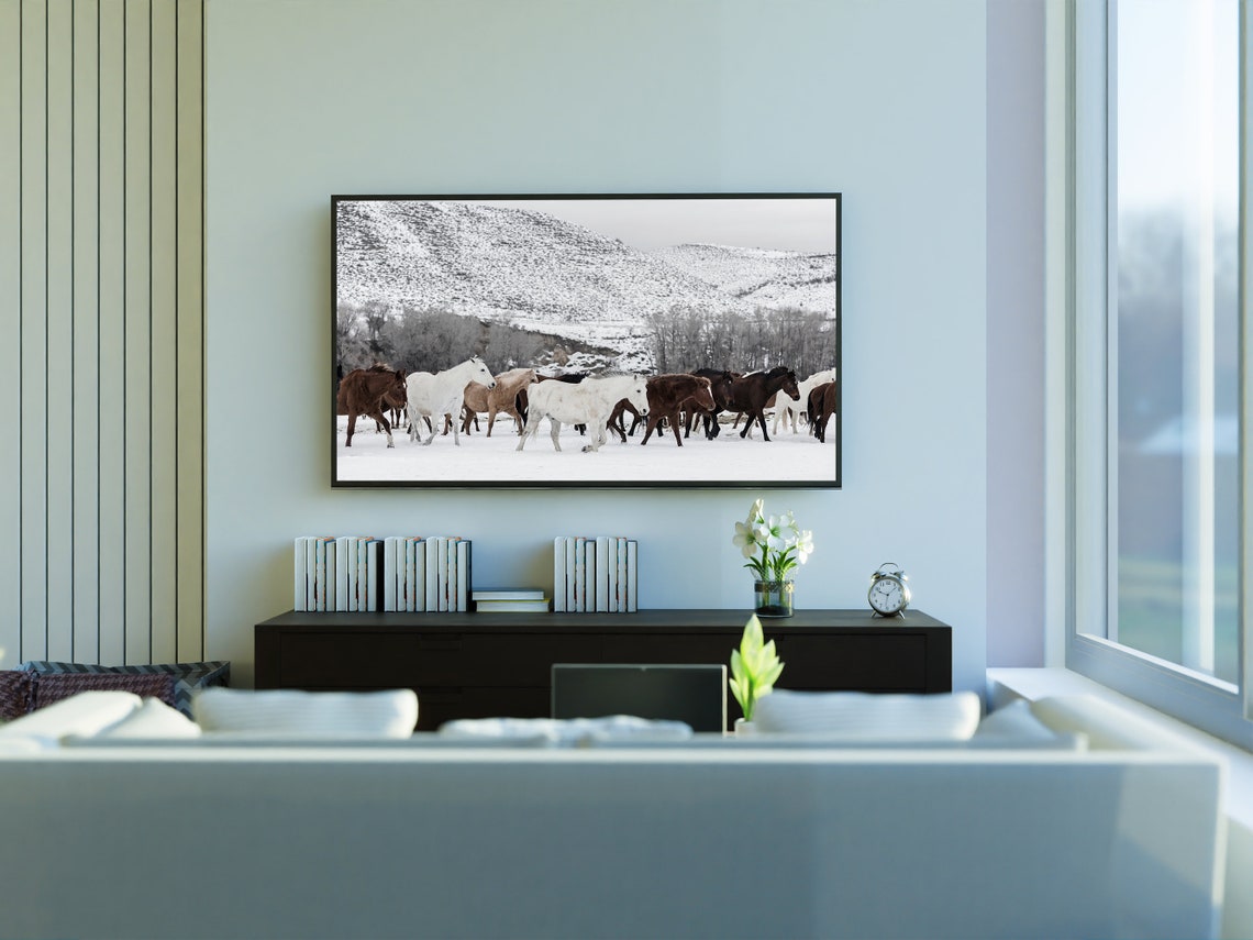 Wild Horse Herd Galloping Through Snow Winter Mountain Meadow Wall Art - Image 3