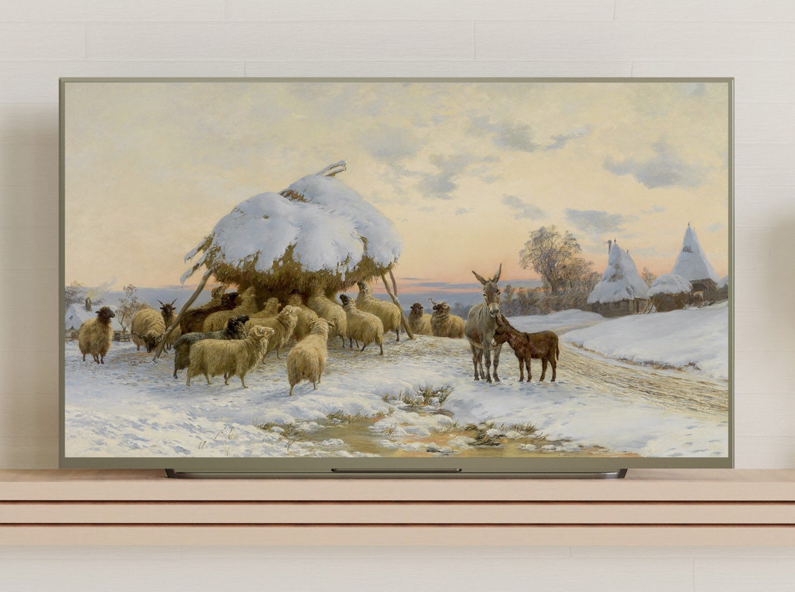 Vintage Winter Farm Sheep Flock Around Snowy Haystack Sunset Poster - Image 3