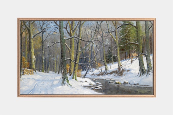Christmas Winter Forest Vintage Oil Painting Art Print