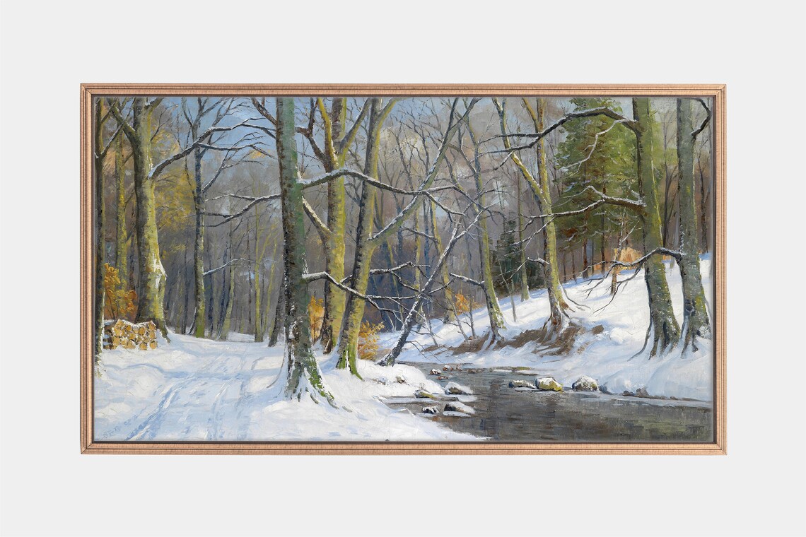 Christmas Winter Forest Vintage Oil Painting Art Print
