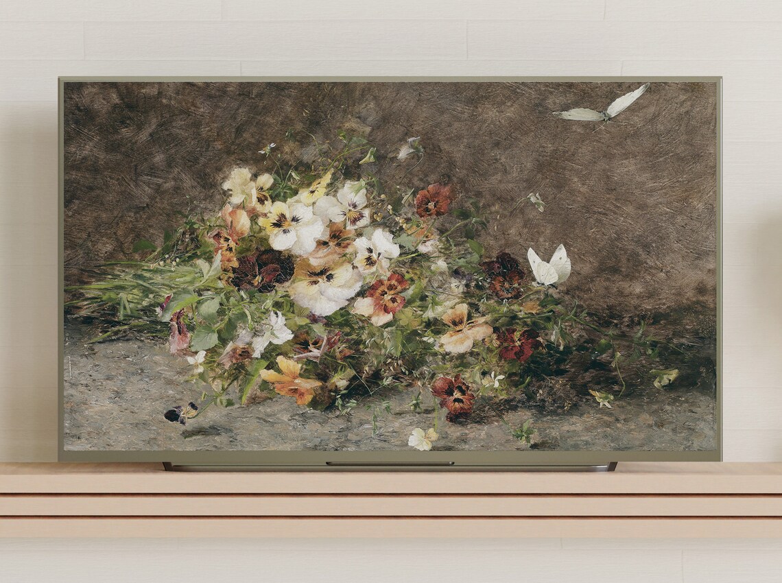 Colorful Pansy Bouquet With White Butterflies Floral Still Life Poster - Image 3