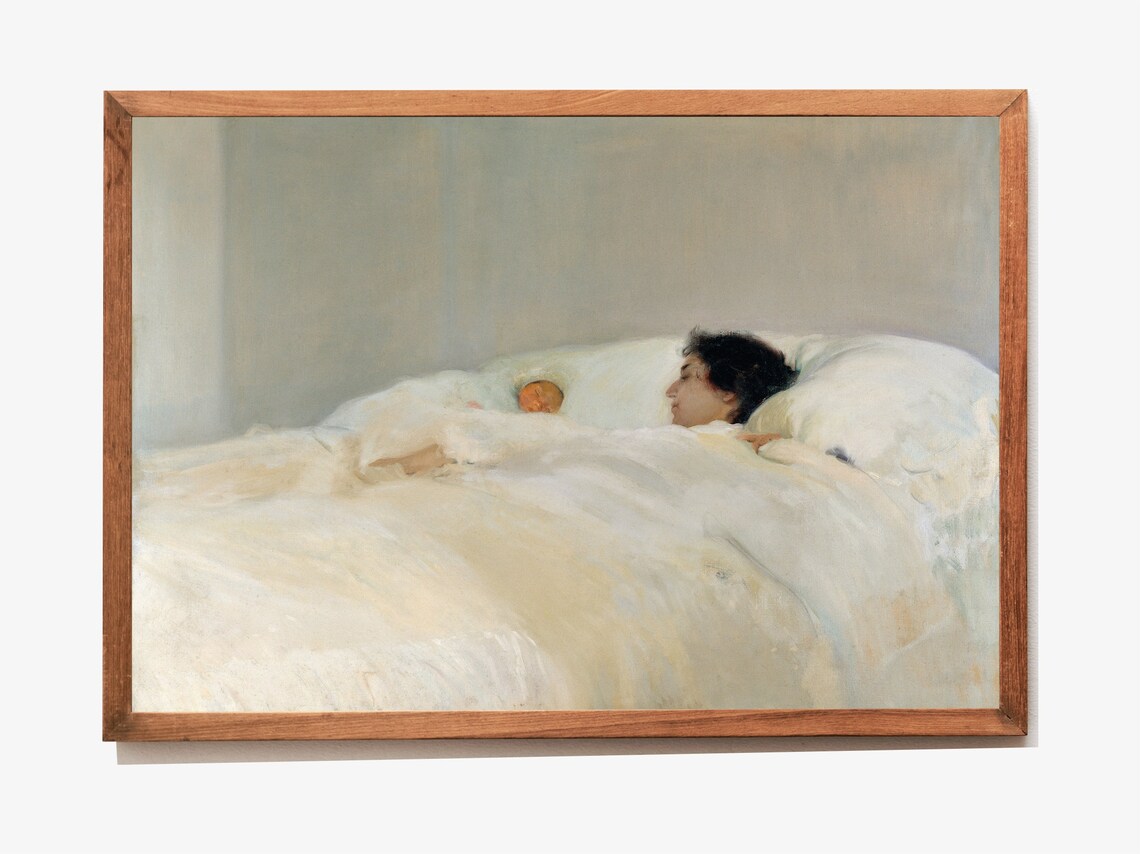 Vintage Mother and Newborn Painting Soft Nursery Bedroom Print - Image 3