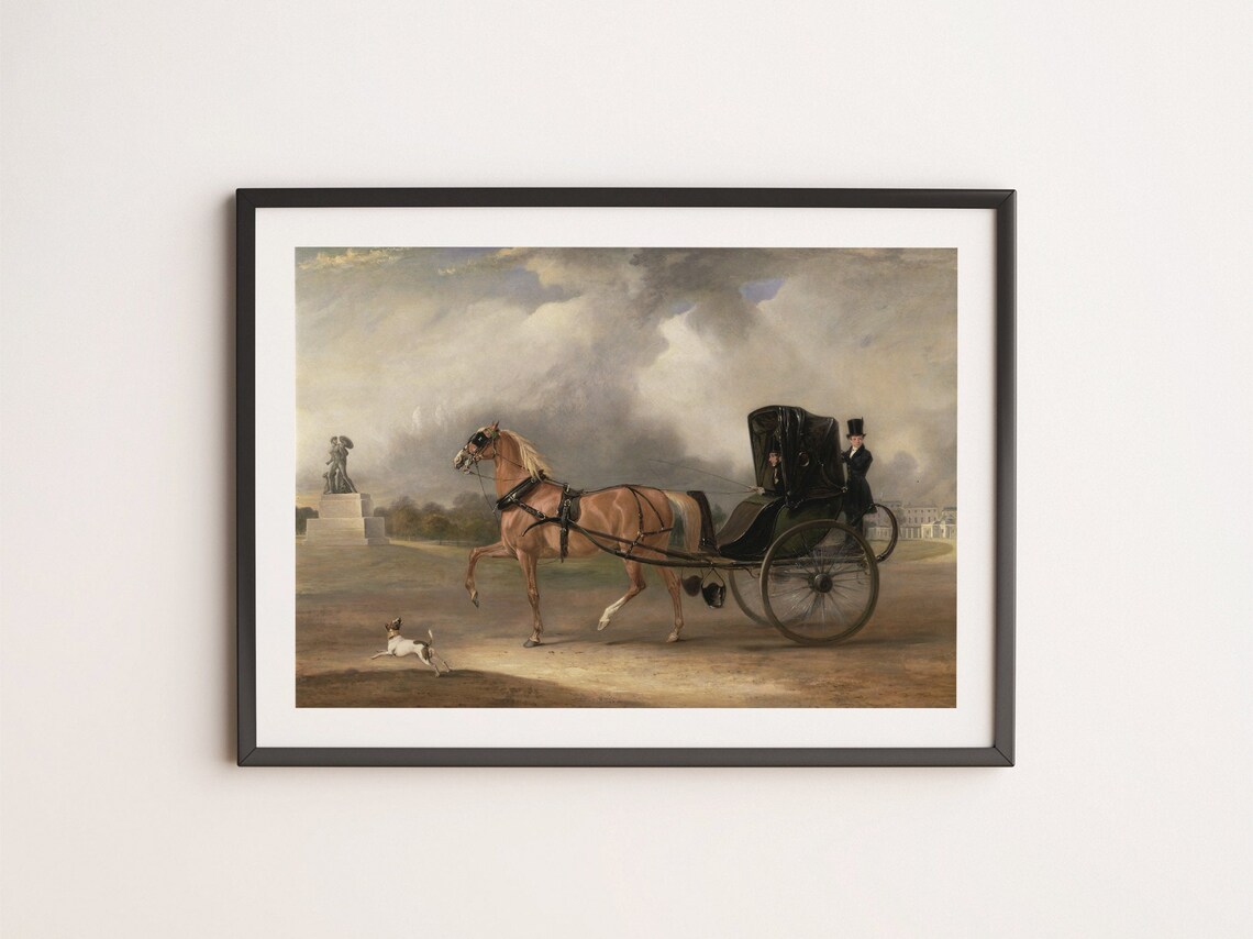 Chestnut Horse Drawing Carriage In Park With Dog Vintage Art Poster - Image 4