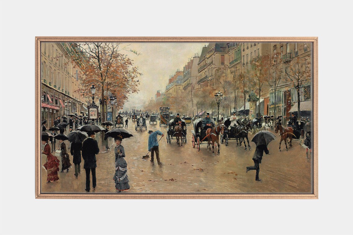 Rainy Paris Boulevard with Carriages Vintage Autumn Street Poster