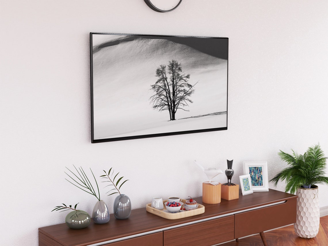 Lone Bare Tree In Vast Snow Dunes Black White Minimalist Winter Poster - Image 2