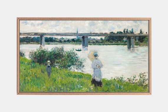 Claude Monet Railroad Bridge River Impressionist Painting Wall Art