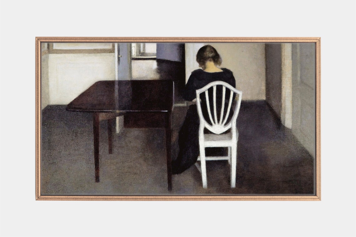Woman Seated at Dark Table Seen from Behind Vintage Interior Poster