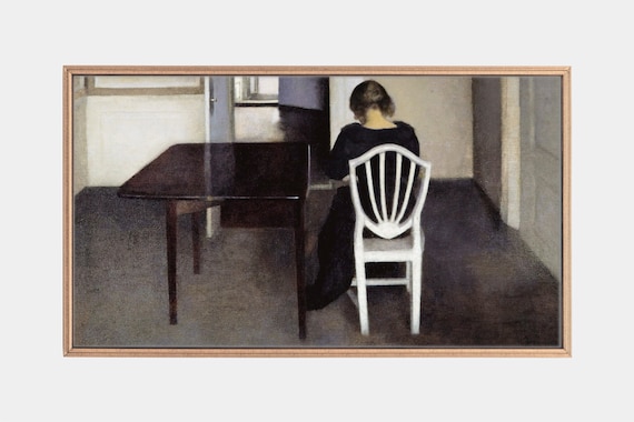 Woman Seated at Dark Table Seen from Behind Vintage Interior Poster
