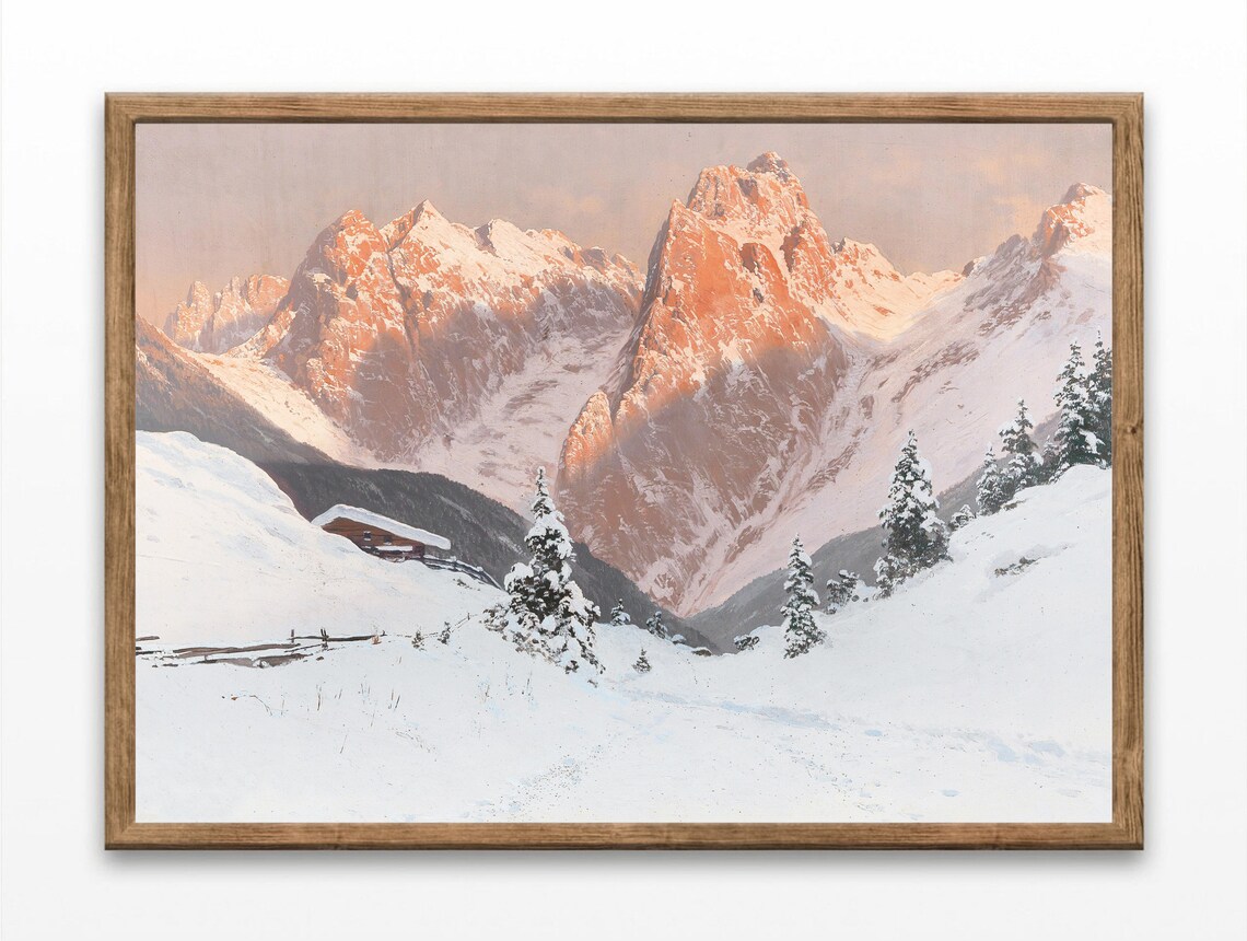 Alpine Winter Mountain Painting Snowy Peaks Sunrise Alpenglow Poster