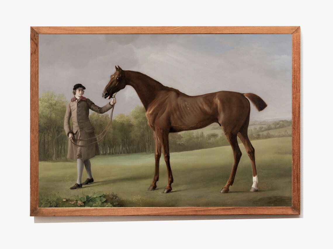 Groom Holding Bay Horse In Green Meadow Vintage Equestrian Art Poster - Image 3