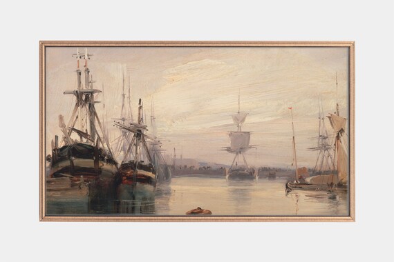 Tall Ships At Anchor In Calm Harbor Golden Dusk Seascape Art Poster