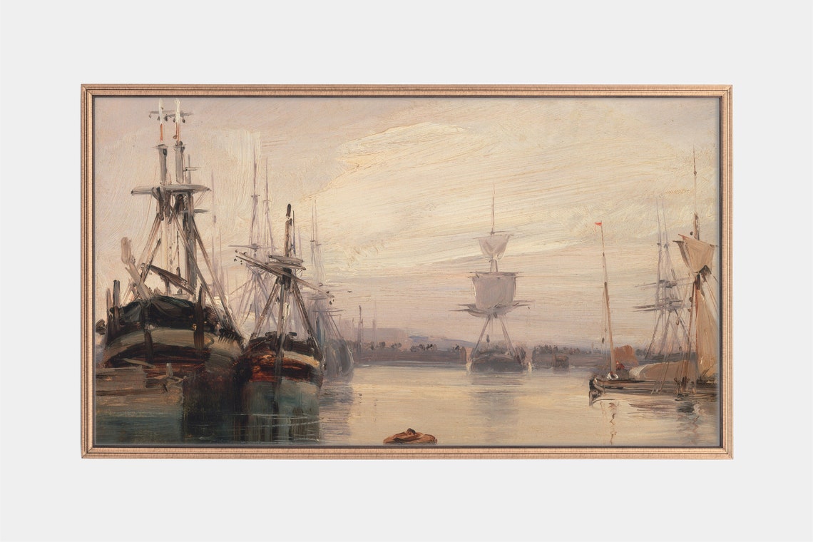 Tall Ships At Anchor In Calm Harbor Golden Dusk Seascape Art Poster