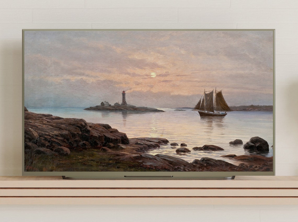 Sailboat by Rocky Coast Lighthouse at Dusk Vintage Seascape Poster - Image 3