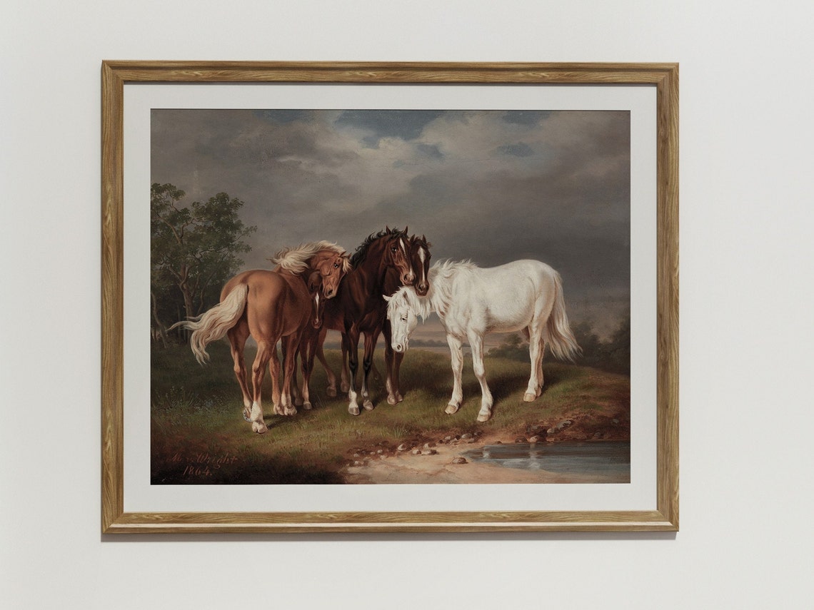 Three Horses Nuzzling By Stream Antique 1864 Equestrian Art Poster - Image 2
