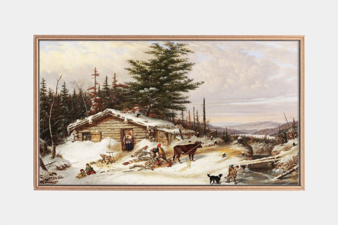 Snowy Log Cabin Winter Forest Family Dogs Vintage Rustic Scene Poster