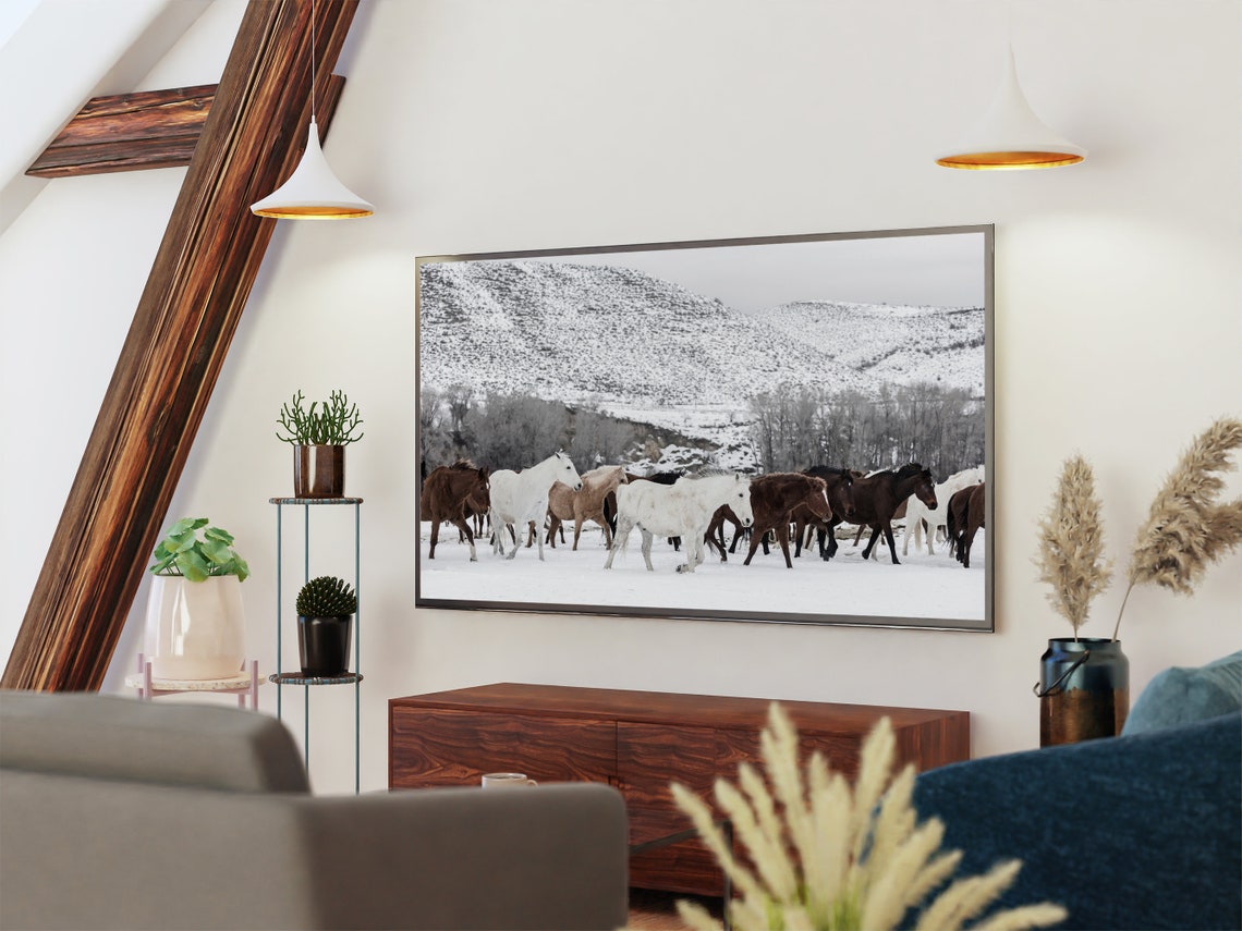 Wild Horse Herd Galloping Through Snow Winter Mountain Meadow Wall Art - Image 2