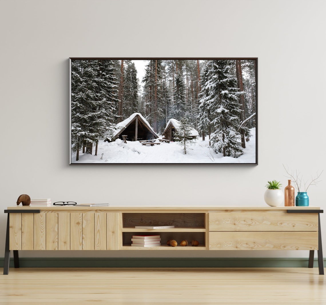 Wooden Cabins Deep In Snowy Pine Forest Winter Hideaway Nordic Poster - Image 2