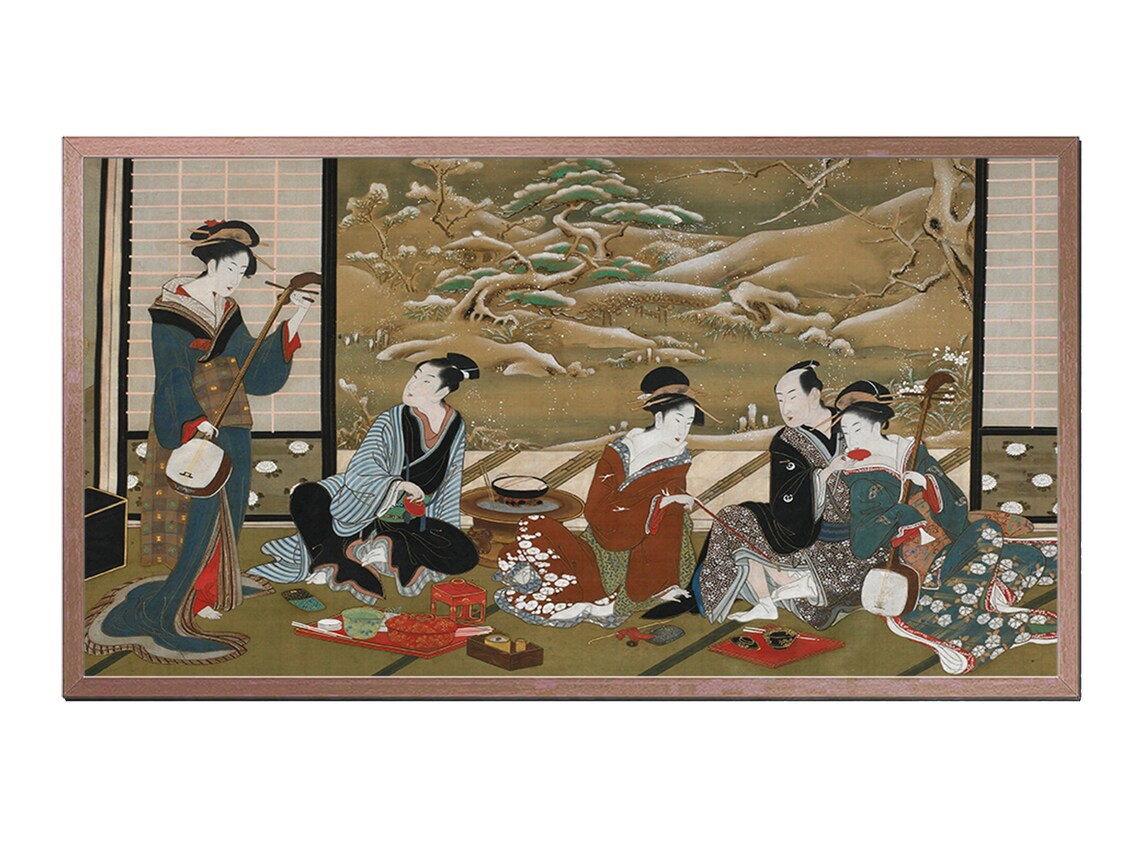 Japanese Ukiyo-e Women in Kimono with Shamisen Vintage Artwork Poster