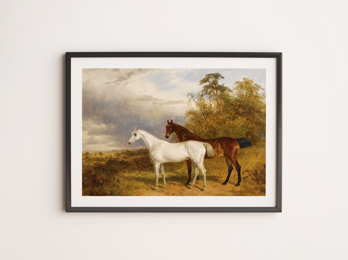 Two Horses Grey And Bay Standing In Golden Field Vintage Art Poster - Image 2