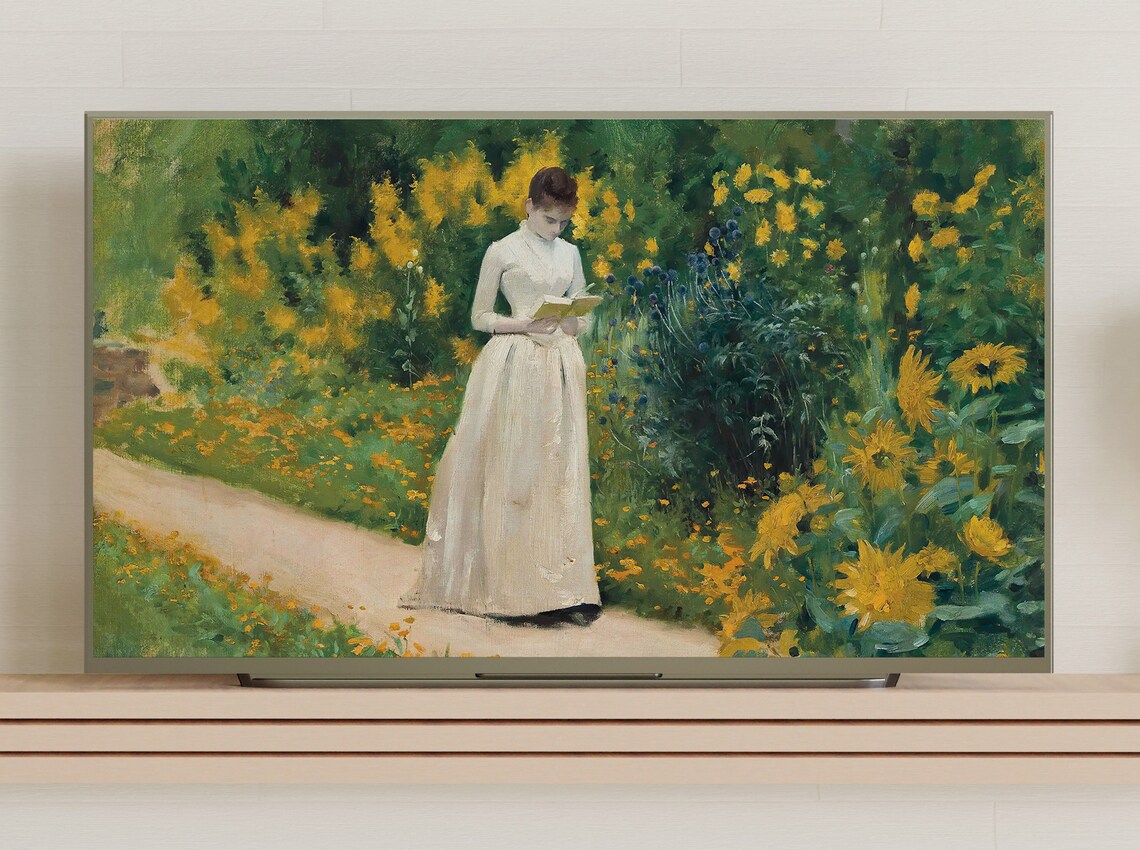 Woman Reading Book in Sunflower Garden Vintage Painting Wall Art - Image 3