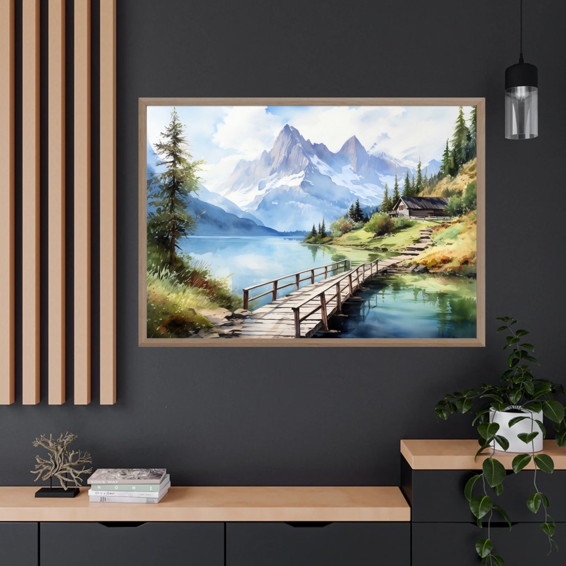 Alpine Lake Wooden Footbridge Chalet Snowcapped Peaks Art Poster - Image 2