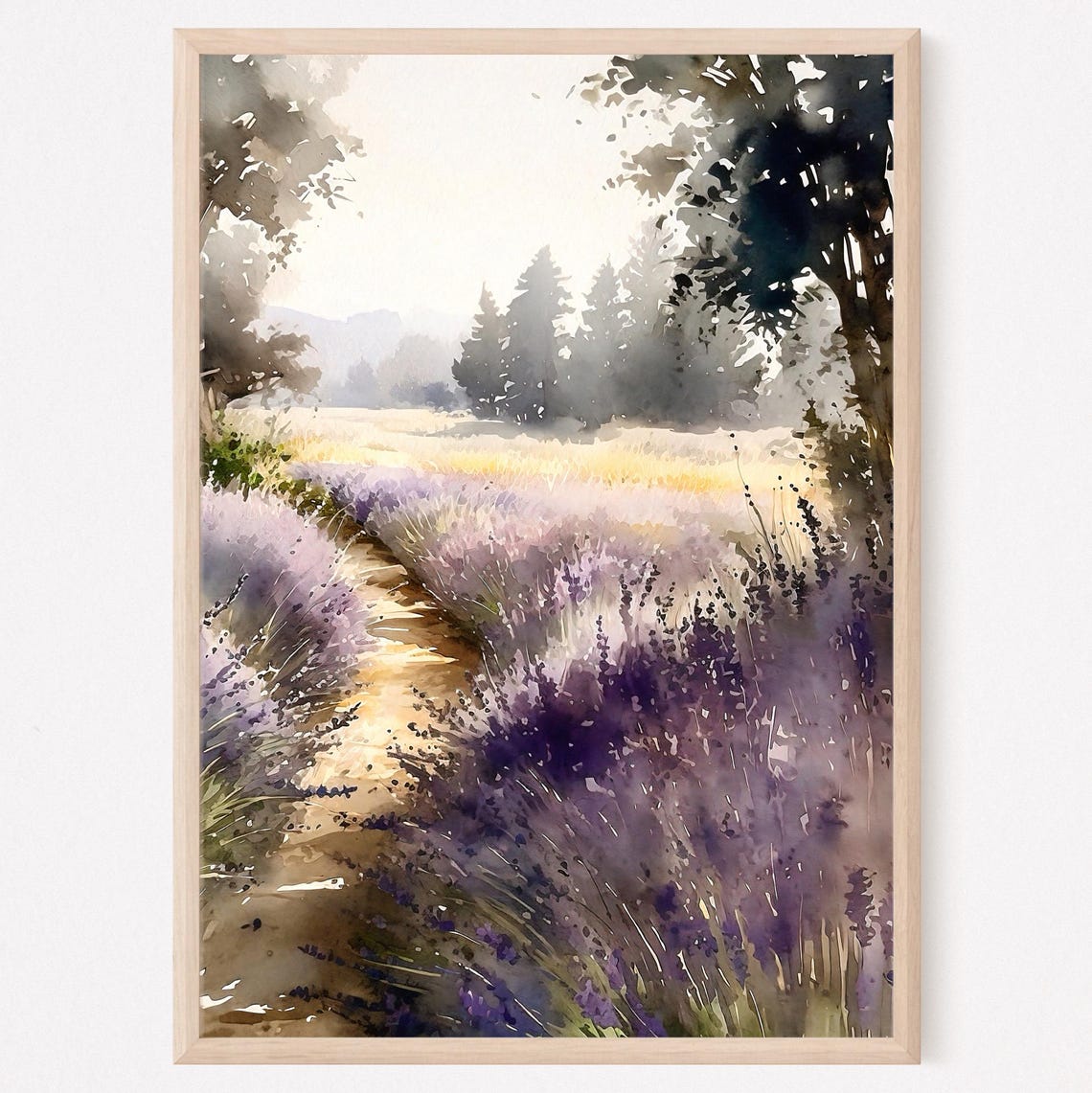 Lavender Path Sunrise Countryside Watercolor Nature Art Poster