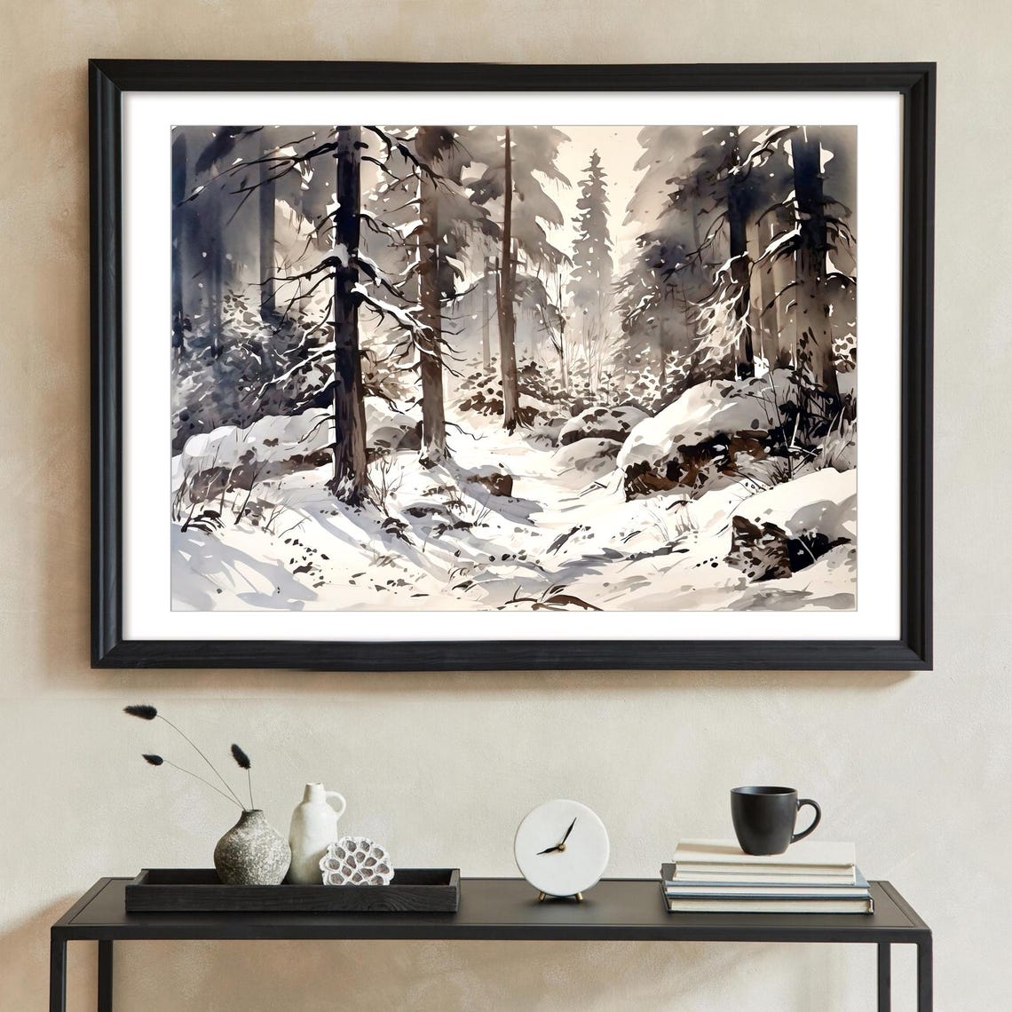 Dark Evergreen Winter Forest Heavy Snow Tall Pines Watercolor Poster - Image 5