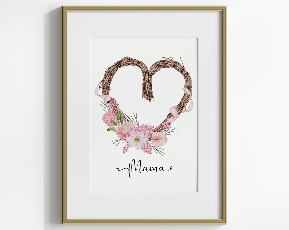 Mama Rattan Heart Wreath Pink Flowers Watercolor Mothers Day Print