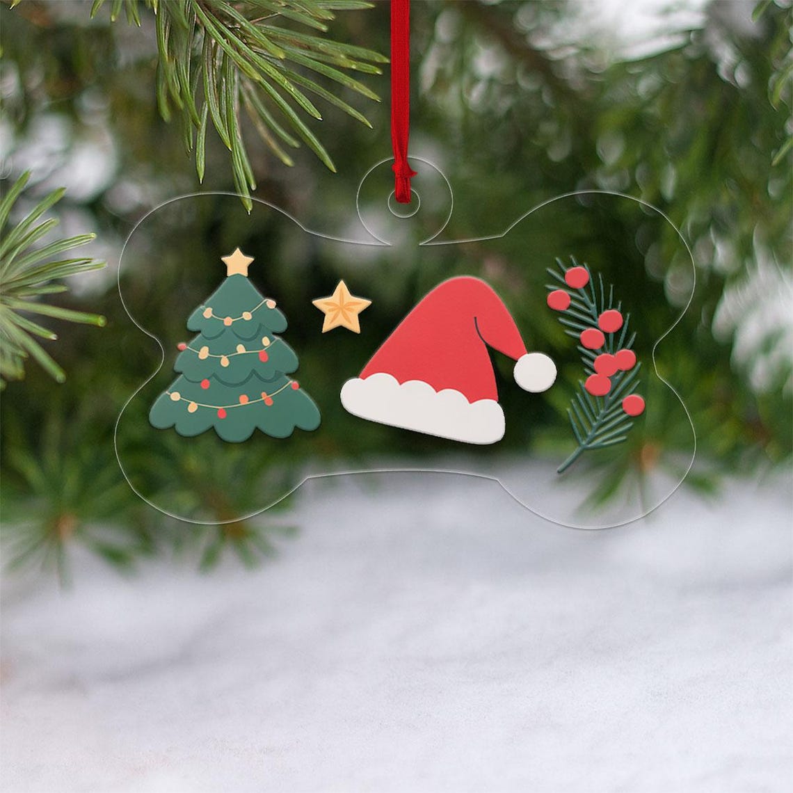 Dog Bone Christmas Ornament with Tree Lights Santa Hat and Pine Print
