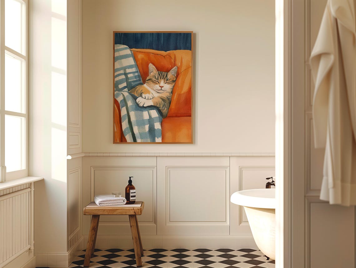 Drowsy Sleeping Tabby Cat on Orange Chair Cozy Animal Poster - Image 4