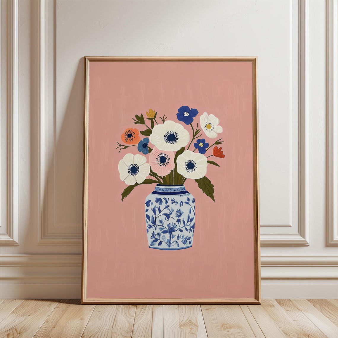 Colorful Anemone Bouquet in Blue and White Vase on Blush Pink Print