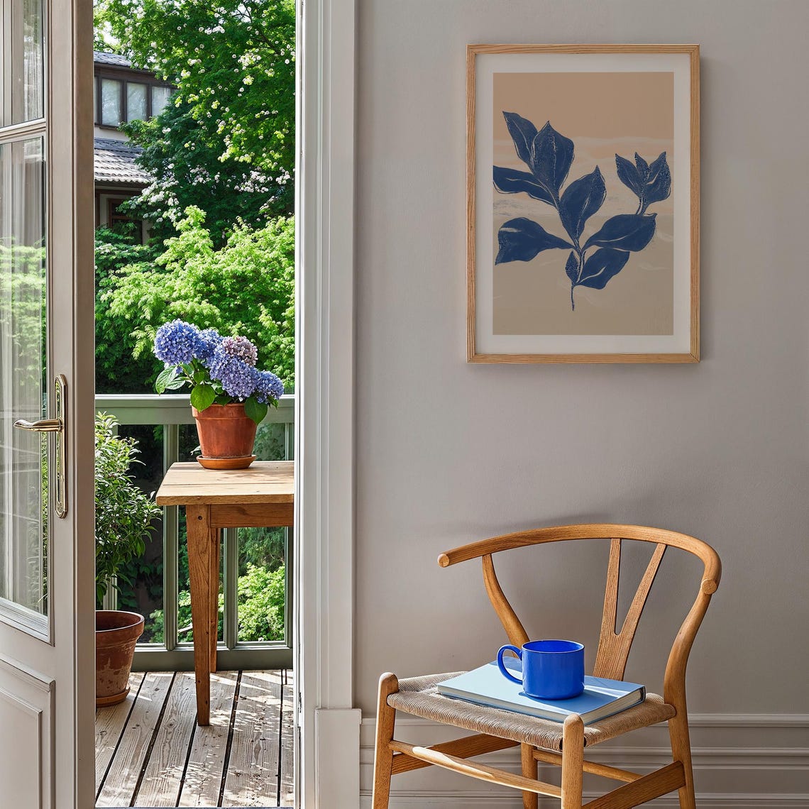 Elegant Navy Blue Botanical Leaves Minimalist Neutral Art Poster - Image 5