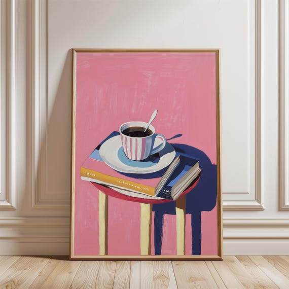 Coffee And Books Pink Blue Abstract Large Wall Art Contemporary Artwork Minimalist Print Coffee Lover Wall Art Stripe