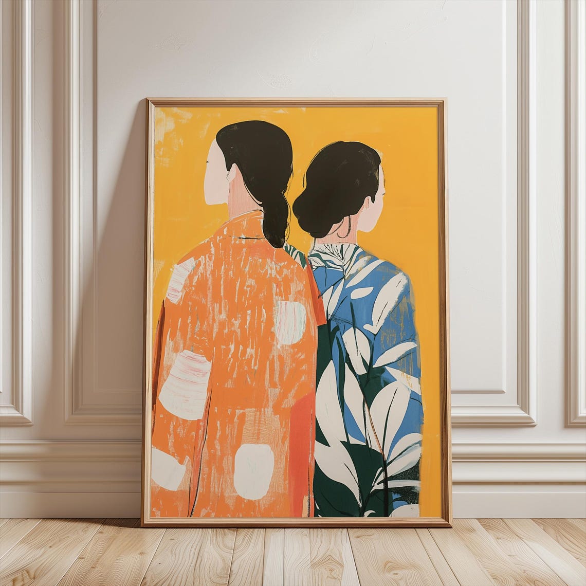 Two Women Seen from Behind on Mustard Yellow Abstract Art Poster - Image 2