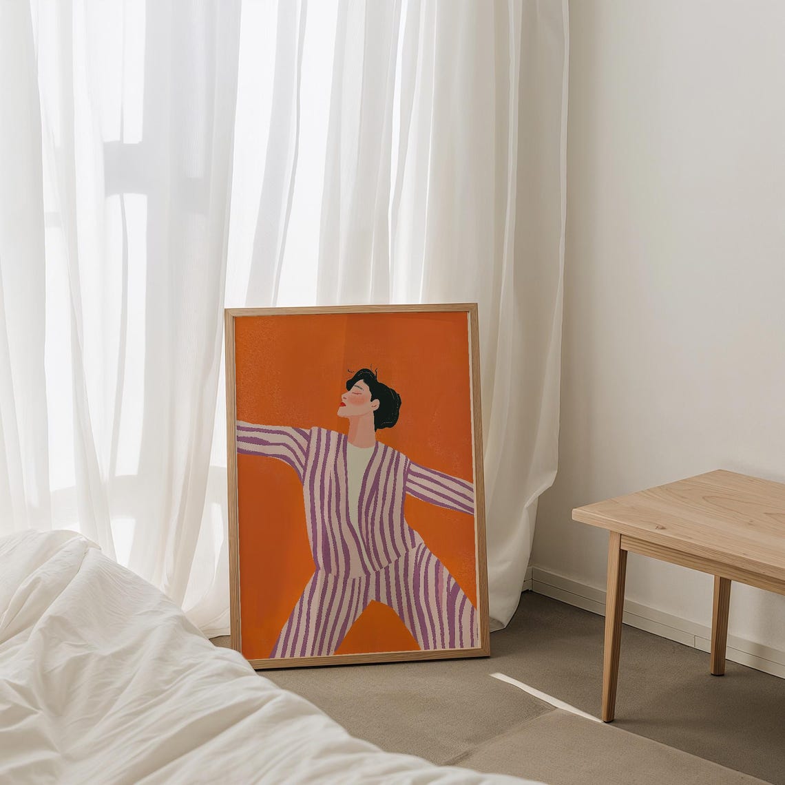 Joyful Dancing Woman in Striped Suit on Orange Background Poster - Image 4