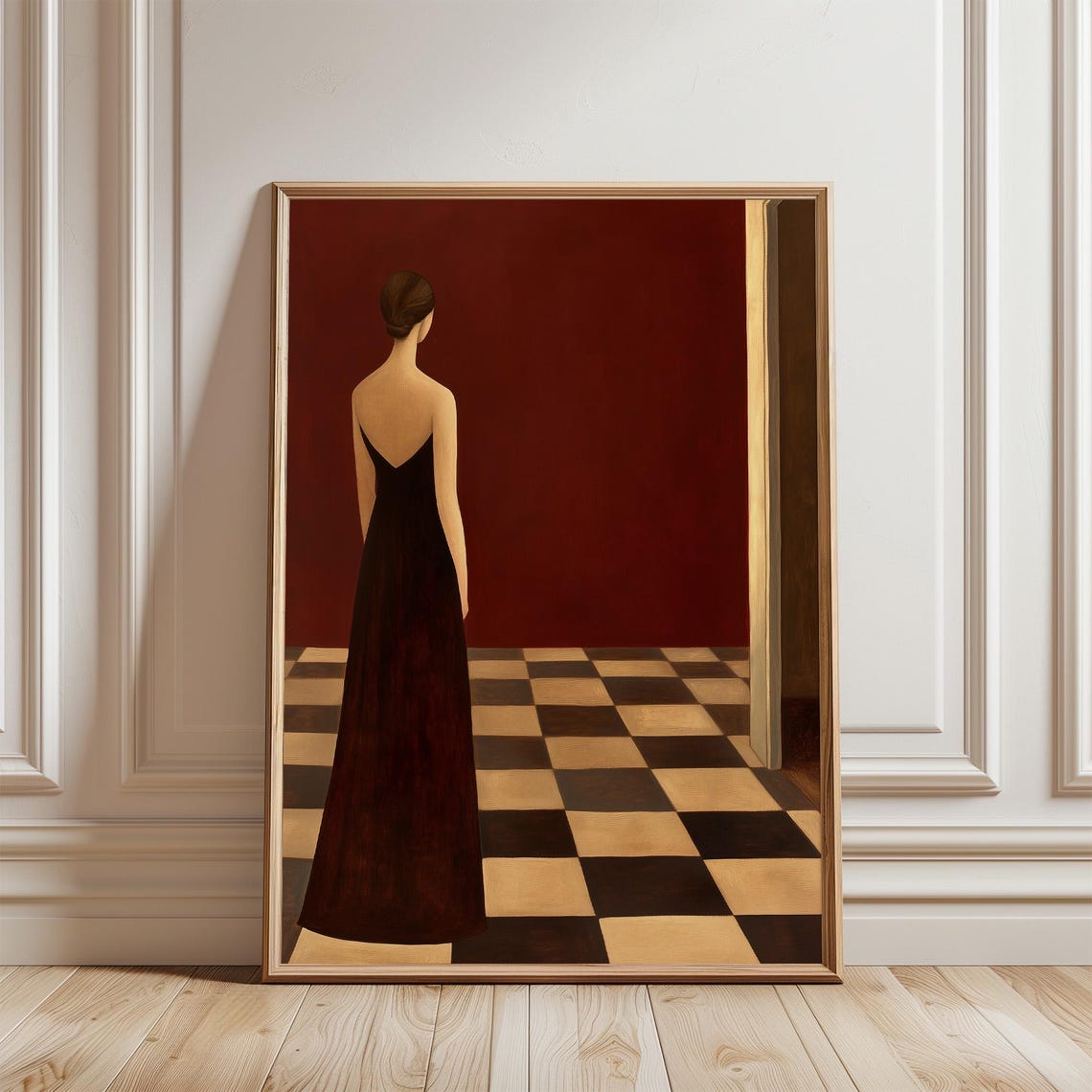 Elegant Woman in Black Dress in Red Room Checkered Floor Poster