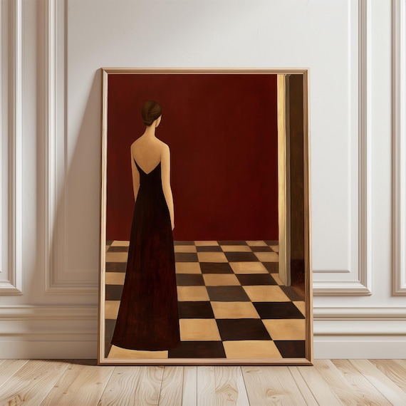 Elegant Woman in Black Dress in Red Room Checkered Floor Poster