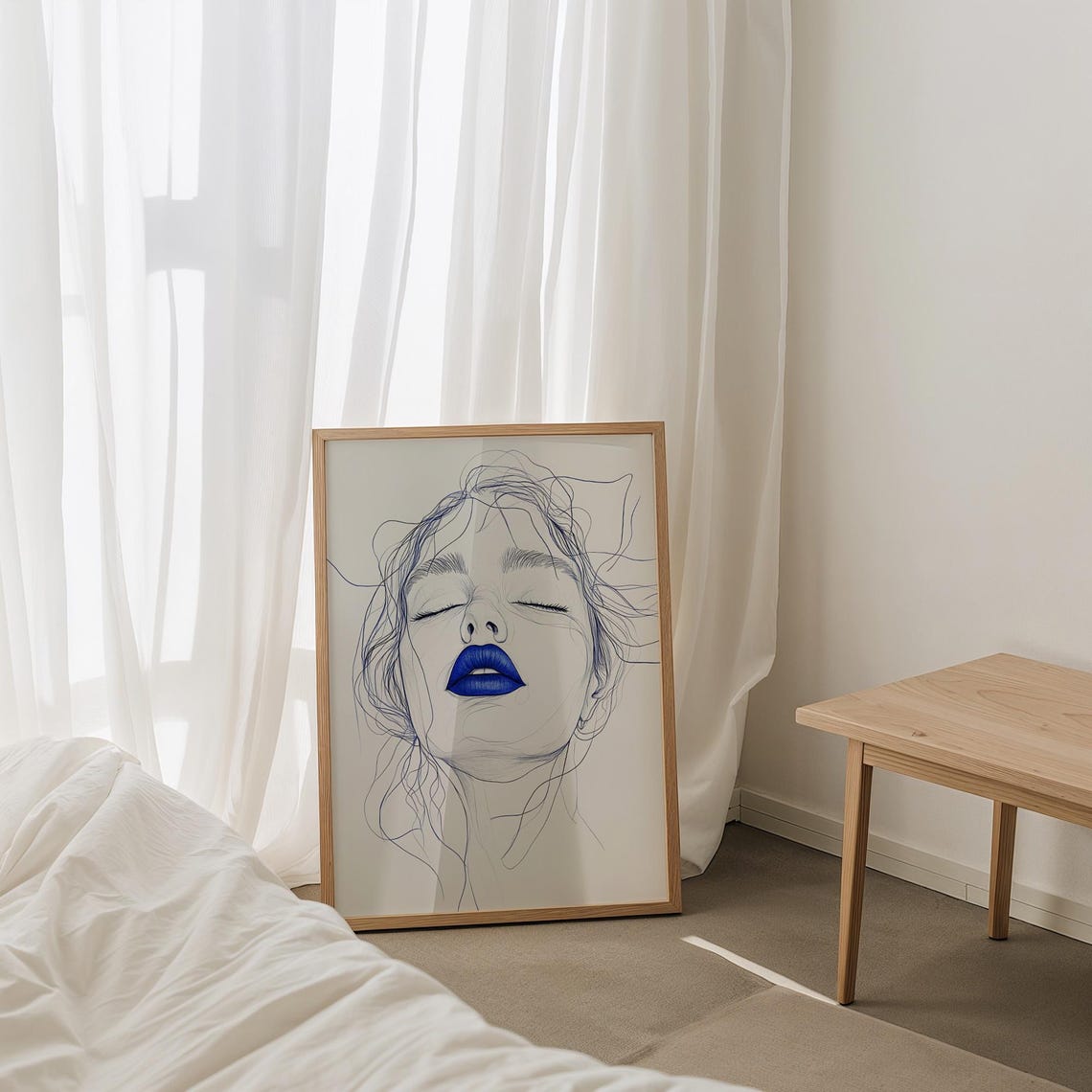 Minimalist Blue Lips Line Drawing Woman Face Portrait Wall Print - Image 3