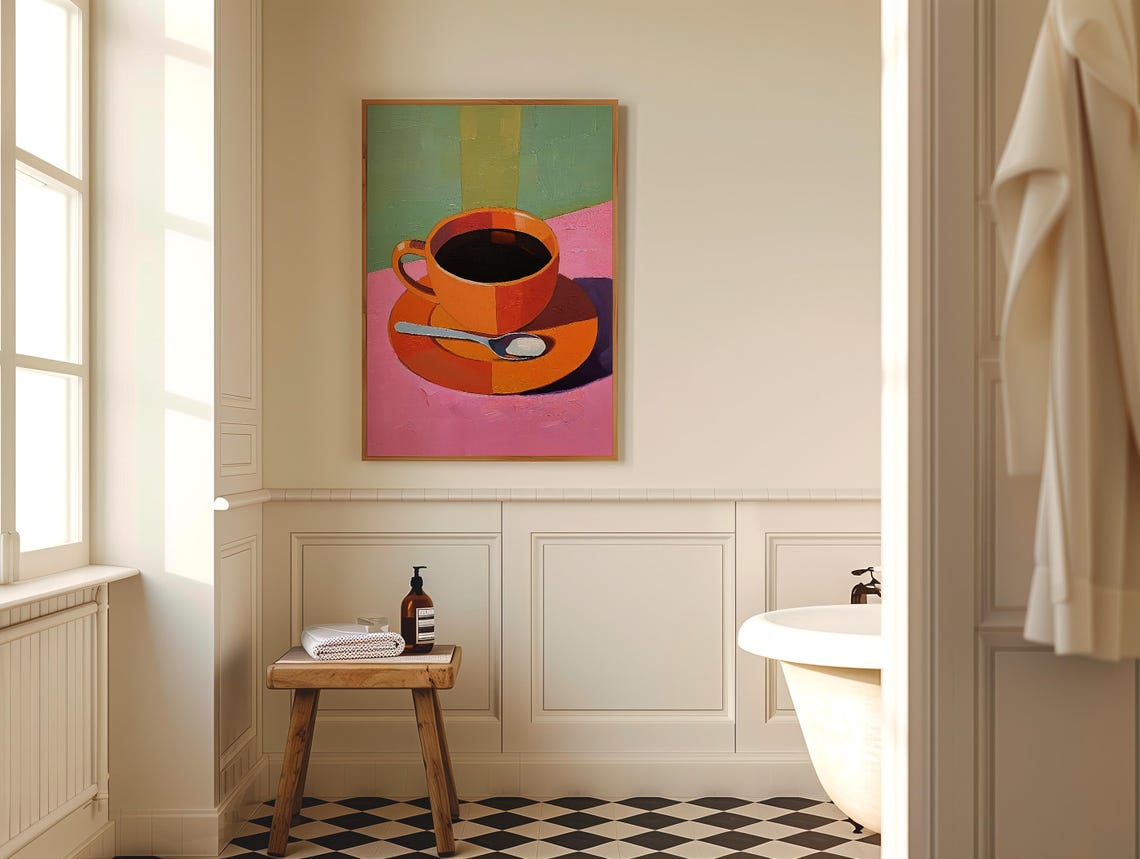 Bold Orange Coffee Cup Still Life on Pink and Green Pop Art Poster - Image 3