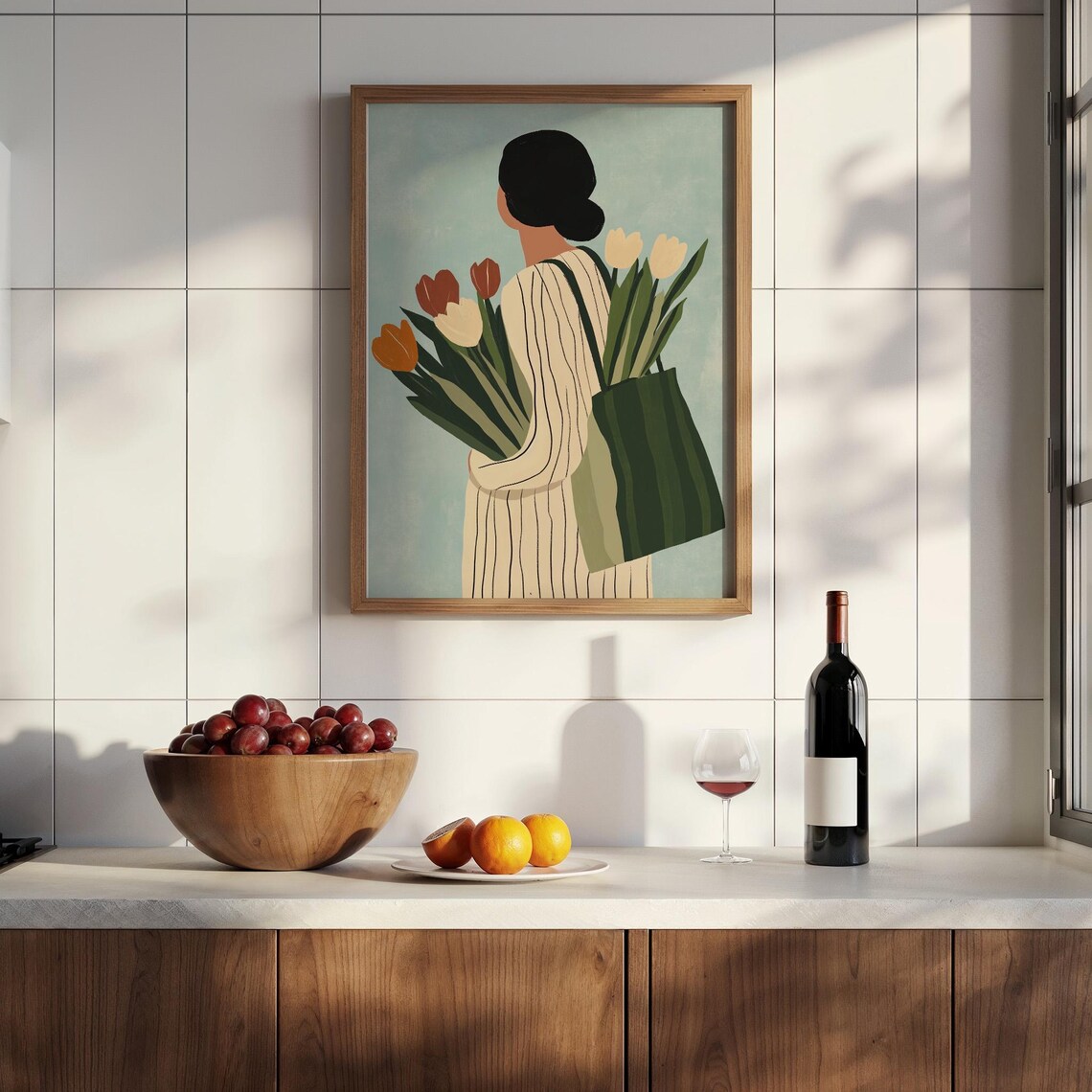 Woman with Tulips and Shopping Bag Minimalist Sage Green Poster - Image 2