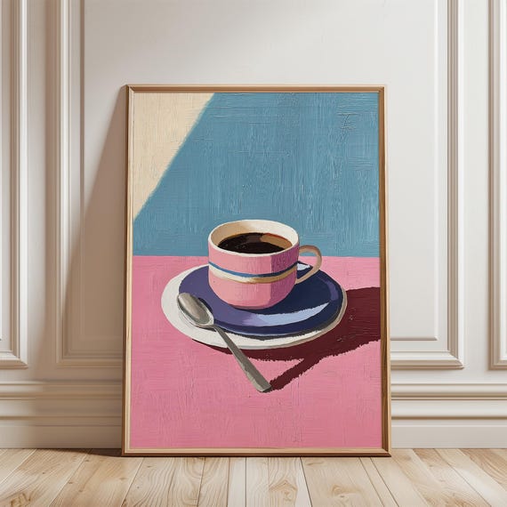 Coffee Cup Pink Blue Abstract Large Wall Art Contemporary Artwork Minimalist Print Coffee Lover Wall Art Stripe Print