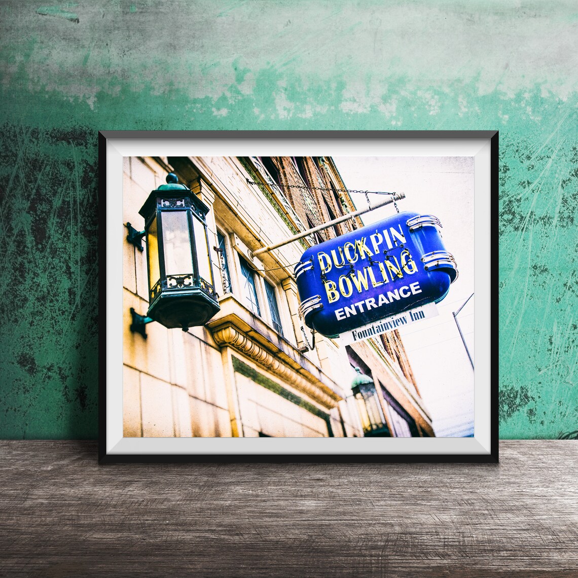 Duckpin Bowling Entrance Blue Neon Sign Indianapolis Vintage Poster