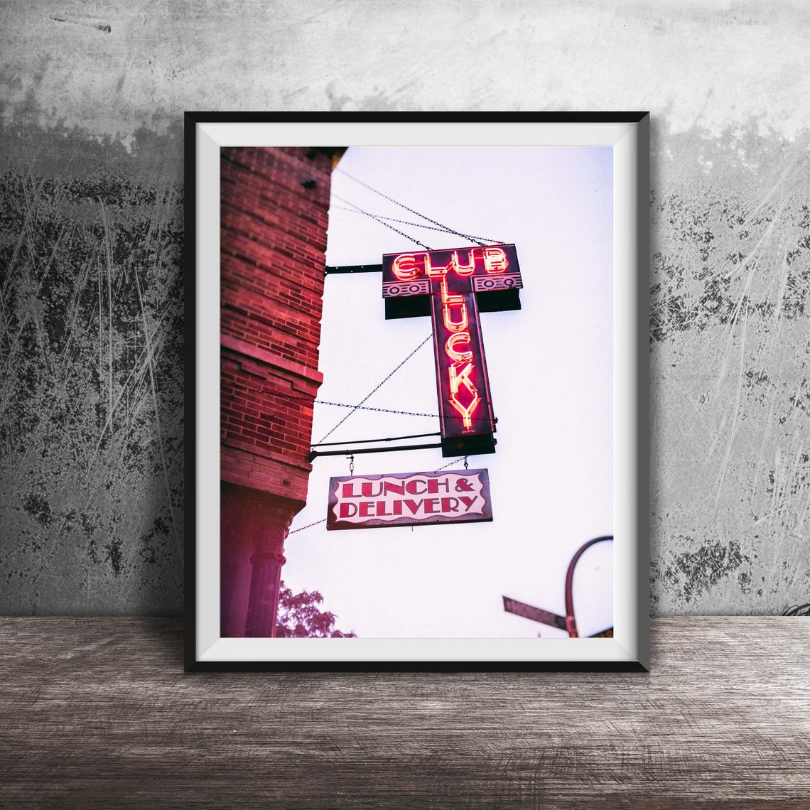 Club Lucky Vintage Pink Neon Sign With Lunch And Delivery Poster