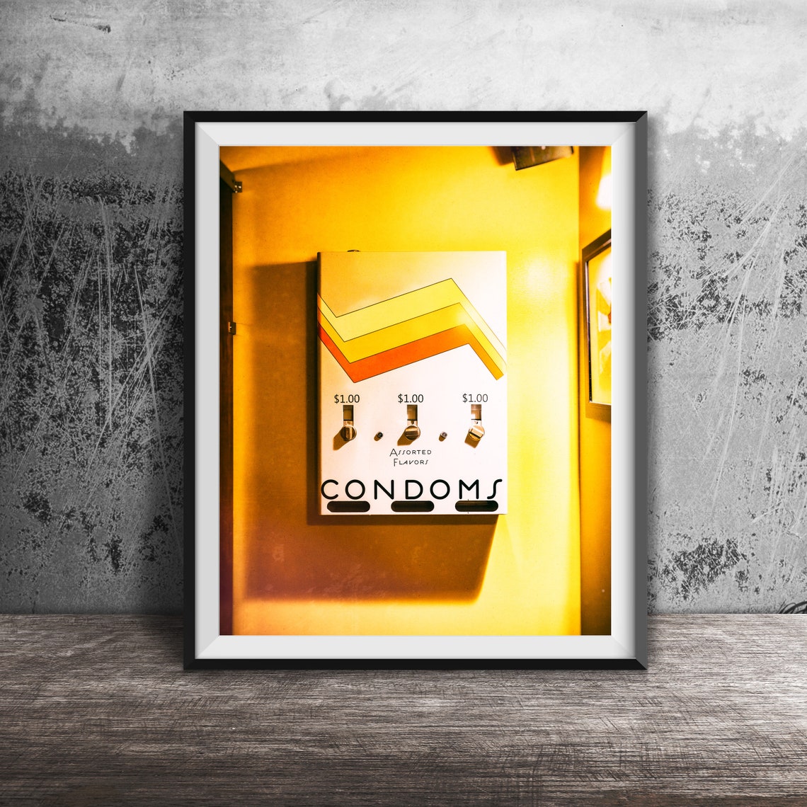 Vintage Condoms Vending Machine Assorted Flavors Yellow Wall Poster