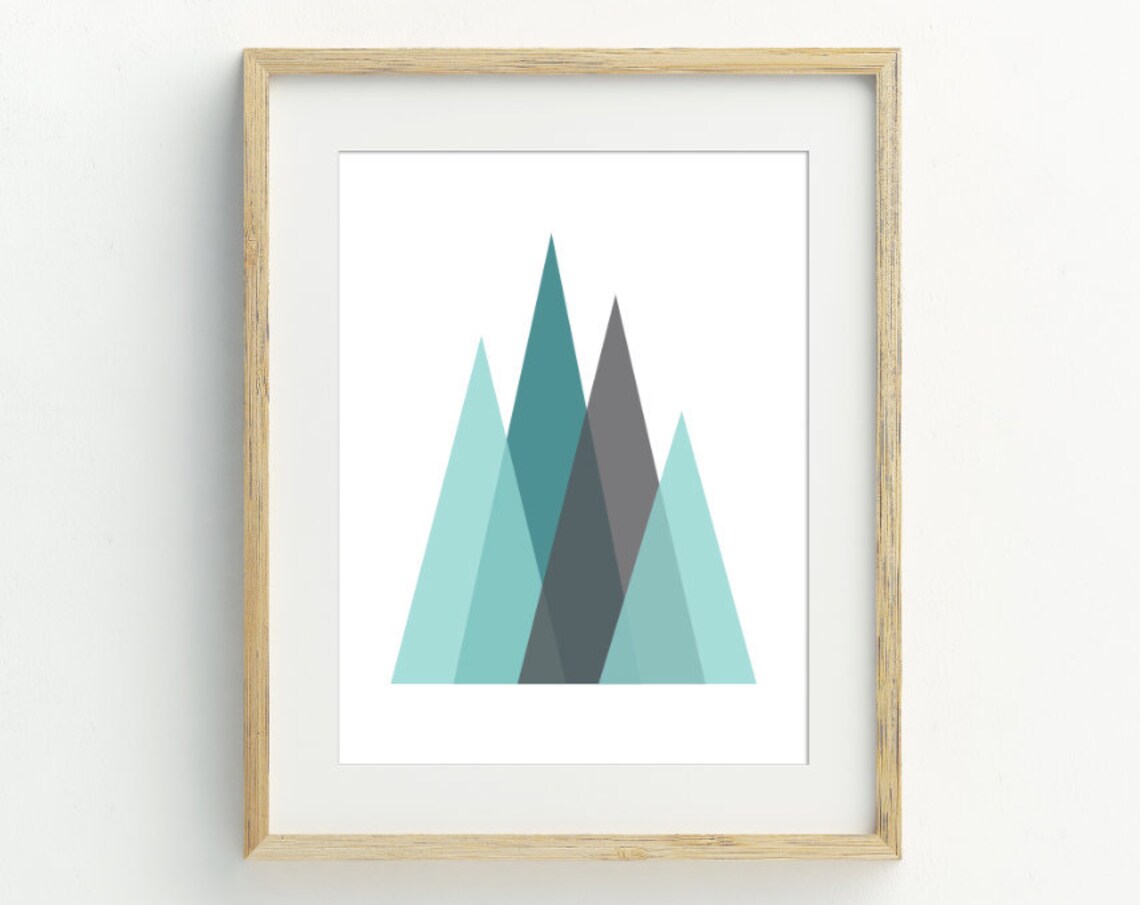 Teal And Grey Geometric Art Print Triangle Mountains Wall Decor Instant Art Contemporary Wall Decor 5x7 8x10 11x14