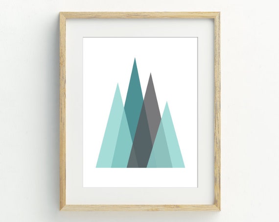Teal And Grey Geometric Art Print Triangle Mountains Wall Decor Instant Art Contemporary Wall Decor 5x7 8x10 11x14