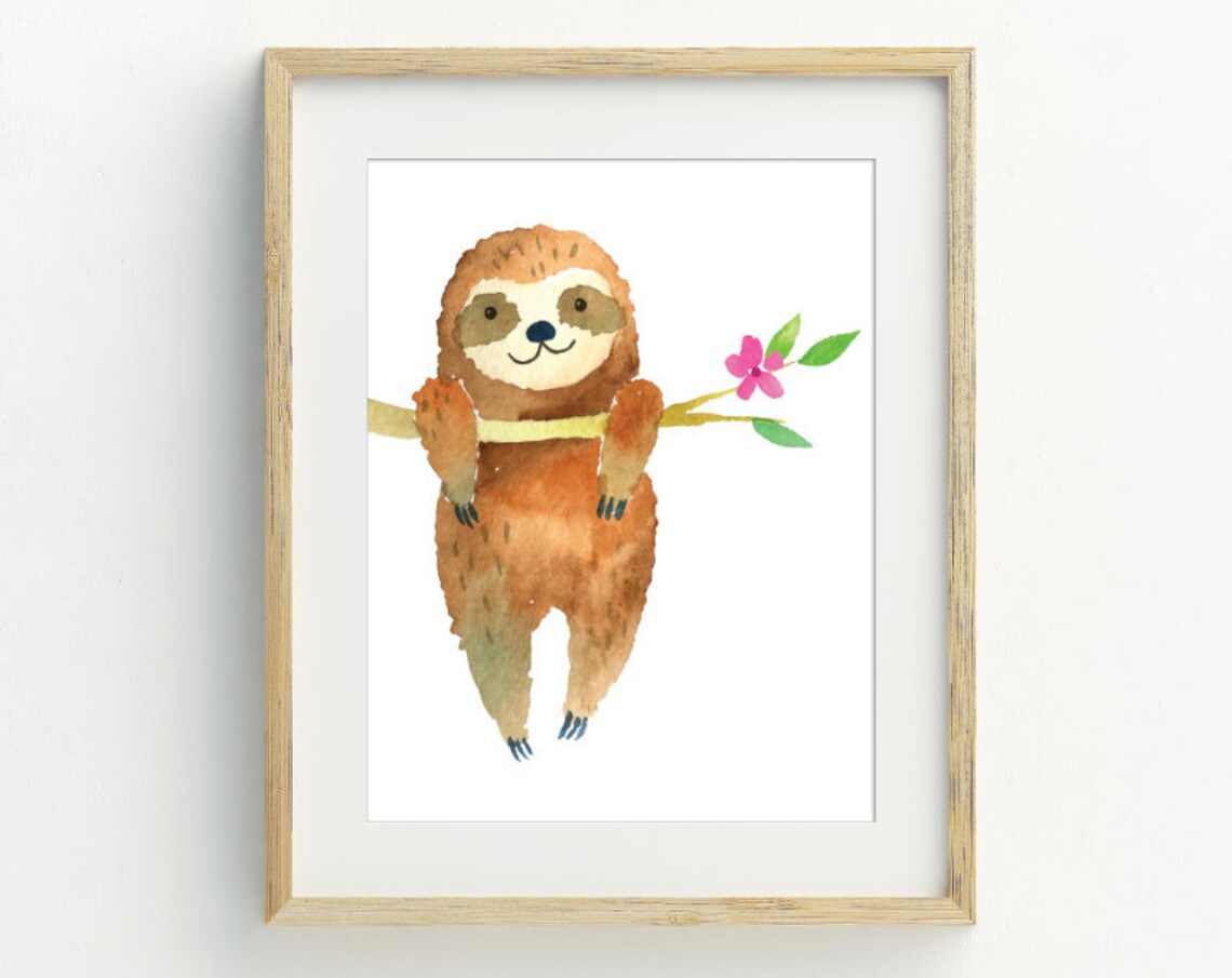 Cute Sloth Hanging From Branch Watercolor Print Kids Nursery Animal Wall Art